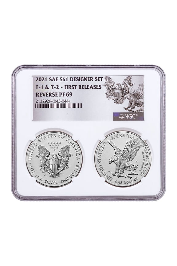 2021 $1 Type 1, Type 2 Reverse Proof American Silver Eagle Designer Edition Set NGC PF69 FR ASE Reverse Label