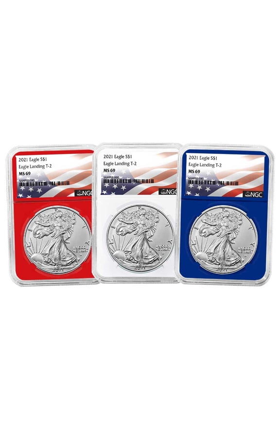 2021 $1 Type 2 American Silver Eagle 3pc Set NGC MS69 Flag Label Red White Blue