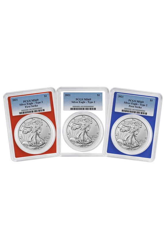 2021 $1 Type 2 American Silver Eagle 3pc Set PCGS MS69 FS Blue Label Red White Blue