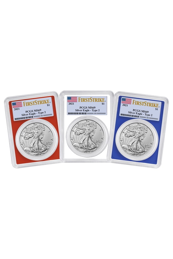 2021 $1 Type 2 American Silver Eagle 3pc Set PCGS MS69 FS Flag Label Red White Blue