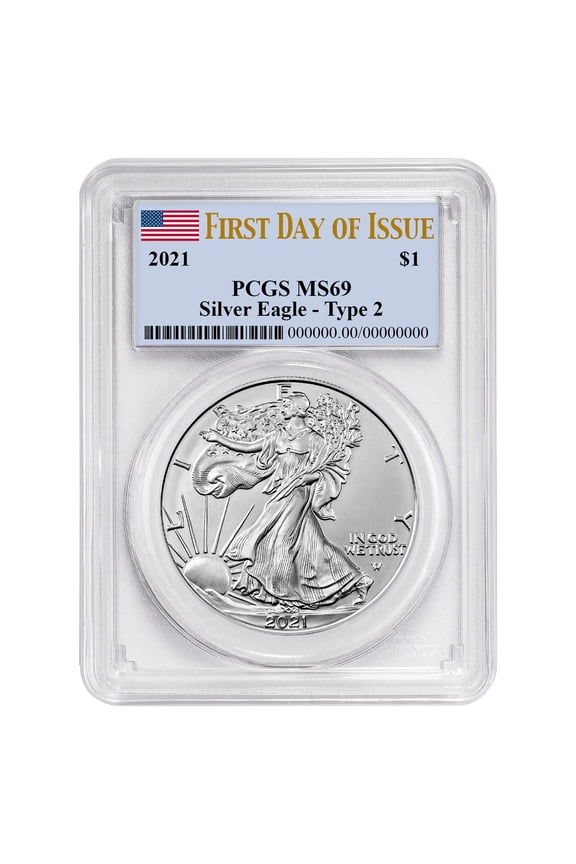 2021 $1 Type 2 American Silver Eagle PCGS MS69 FDOI Flag Label