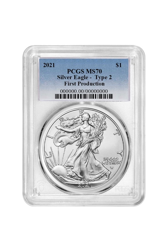 2021 $1 Type 2 American Silver Eagle PCGS MS70 First Production Blue Label