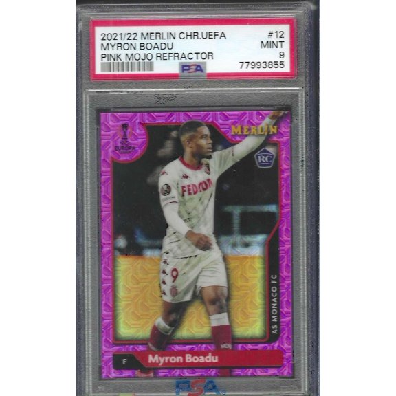 2021-2022 Topps Merlin Chrome UEFA League Myron Boadu #12 Pink Mojo Refractor PSA 9