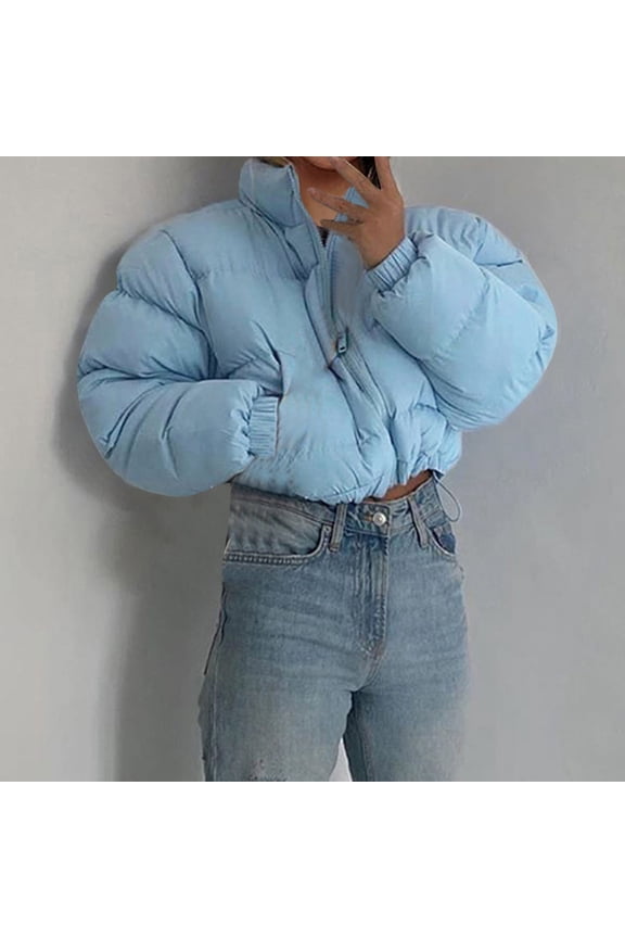 2021 Autumn And Winter New Solid Color Zipper Pocket Stand Collar Long Sleeve Short Jacket Padded Jacket Womens Winter Hooded Coat Elevenses Jacket Winter Jacket Women Moms Jacket Winter Coat Women