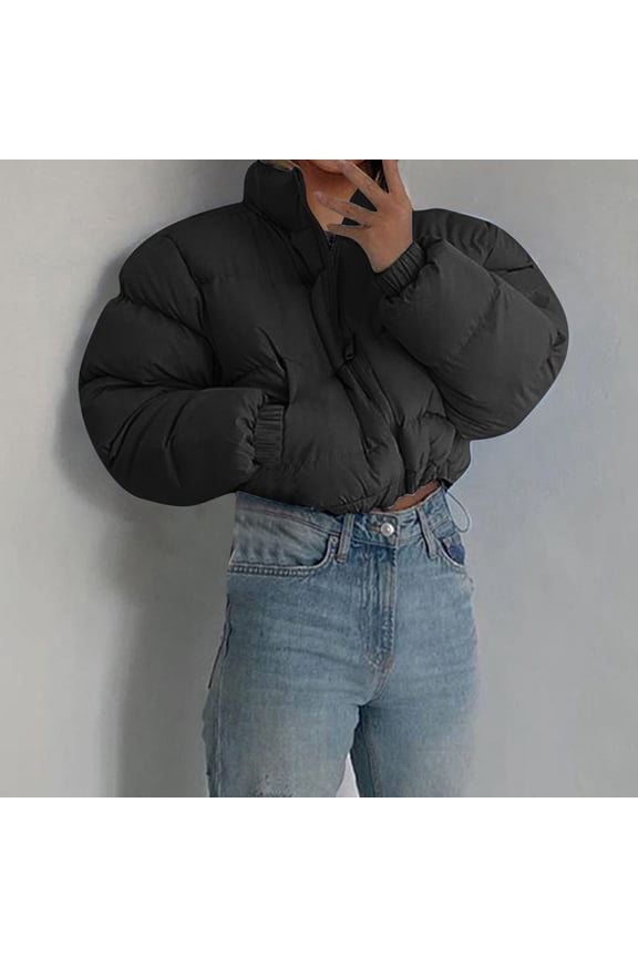 2021 Autumn And Winter New Solid Color Zipper Pocket Stand Collar Long Sleeve Short Jacket Padded Jacket Zipper Coat Three Quarter Length Coat First down Coat Max Co Coat Jacket plus Size Women down