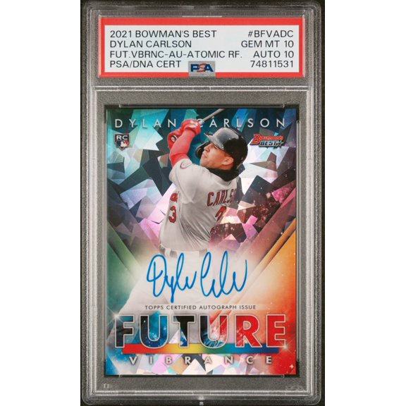 2021 Bowman's Best Future Vibrance Dylan Carlson #BFVADC Fut. Vbrnc Au Atomic RF. /25 Rookie PSA 10 Auto 10