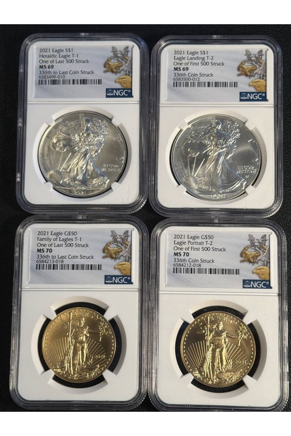2021 Bullion Four Coin Gold & Silver Eagle Set 1/10 - 1/2oz, $1 Silver NGC MS-70 336th Set RARE! 4 Coin Set Dawn & Dusk