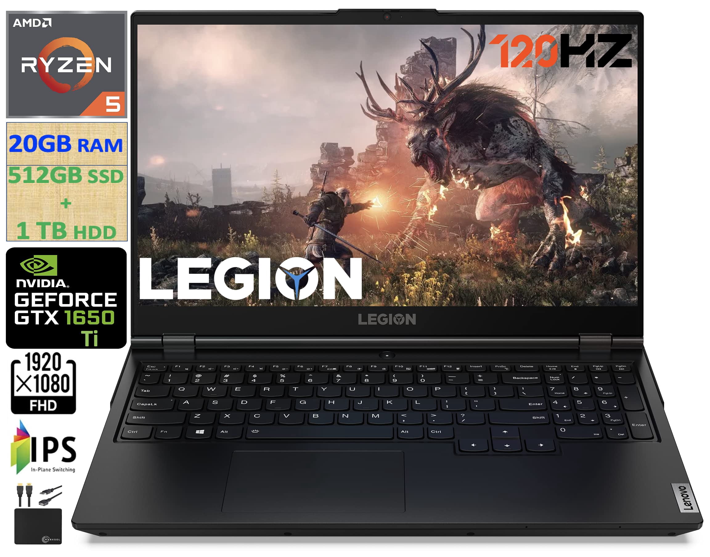 2021 Flagship Lenovo Legion 5 Gaming Laptop 15.6" FHD IPS 120Hz, 6-Core AMD Ryzen 5 4600H (Beats i7-9750H) 20GB RAM, 512GB SSD + 1TB HDD, GeForce GTX 1650 Ti 4GB, Backlit,Wifi 6, Win 10+Marxsol Cables