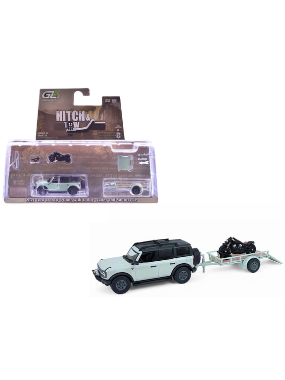 2021 Ford Bronco 4-Door Badlands Cactus Gray with Black Top and Motorcycle with Trailer 1/64 Diecast Model Cars by Greenlight