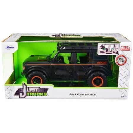 2021 Ford Bronco Matt Black with Orange Stripes & Roof Rack Addictive Desert Designs Just Trucks Series 1-24 Diecast Model Car