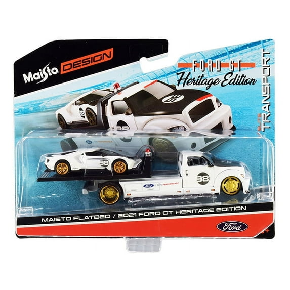 2021 Ford GT #98 Heritage Edition with Flatbed Truck, White - Maisto 15108-21A - 1/64 scale Diecast Model Toy Car