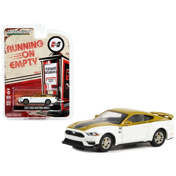 2021 Ford Mustang Mach 1 White & Gold w/Black Stripe "Hurst Performance" "Running on Empty" 1/64 Diecast Model Car by Greenlight
