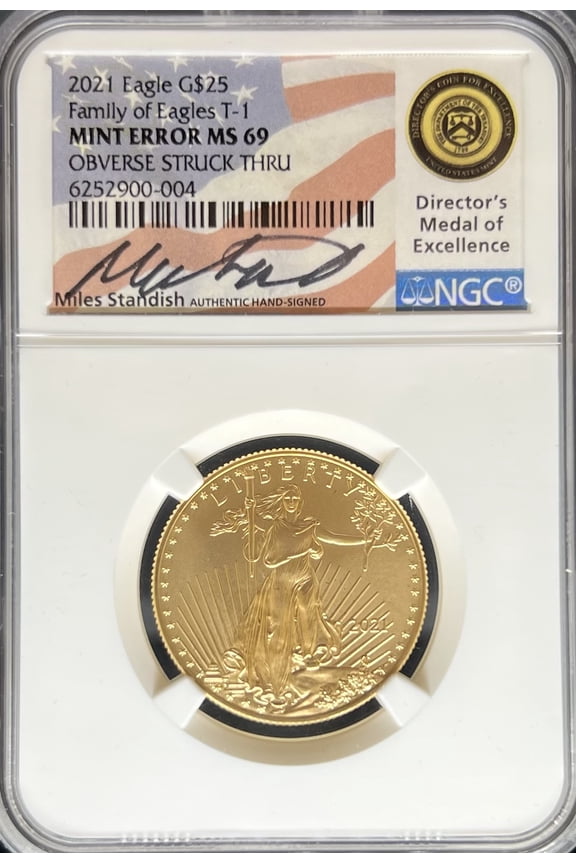 2021 G$25 Eagle T1 Mint Error MS69 NGC Obverse Struck Thru (PA6252900004)