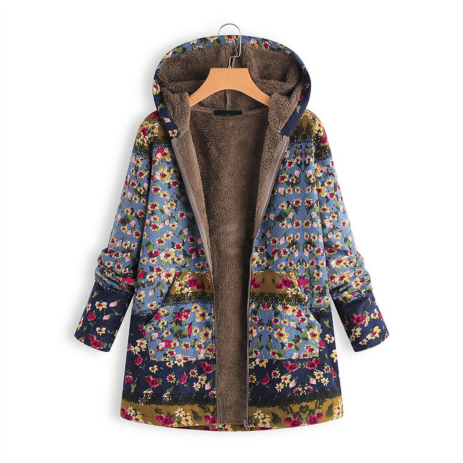 2021 Hot Sale Womens Coat Ladies Long Sleeve Jacket Winter Warm Floral Print Hooded Vintage Overcoat - image 1 of 8