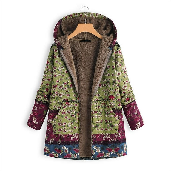 2021 Hot Sale Womens Coat Ladies Long Sleeve Jacket Winter Warm Floral Print Hooded Vintage Overcoat