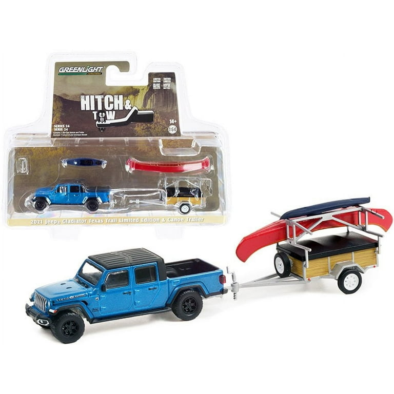 2021 Jeep Gladiator w/ Canoe Trailer & Canoe Rack, Blue - Greenlight - 1/64  scale Diecast Car