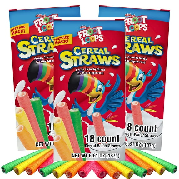 2021 Kellogg's Cereal Straws Froot Loops Edible Breakfast Straw Alternatives for Milk, 90's Childhood Nostalgic Treat for Drinking and Eating, Cereals for Kids, Pack of 3, 18 Count