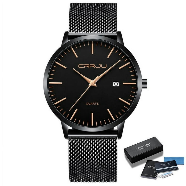 2021 Men Slim Watches Crrju Fashion Casual Date Waterproof Mesh Strap  Watches For Men Cool Black Quartz Steel Wrist Watch - Quartz Wristwatches 