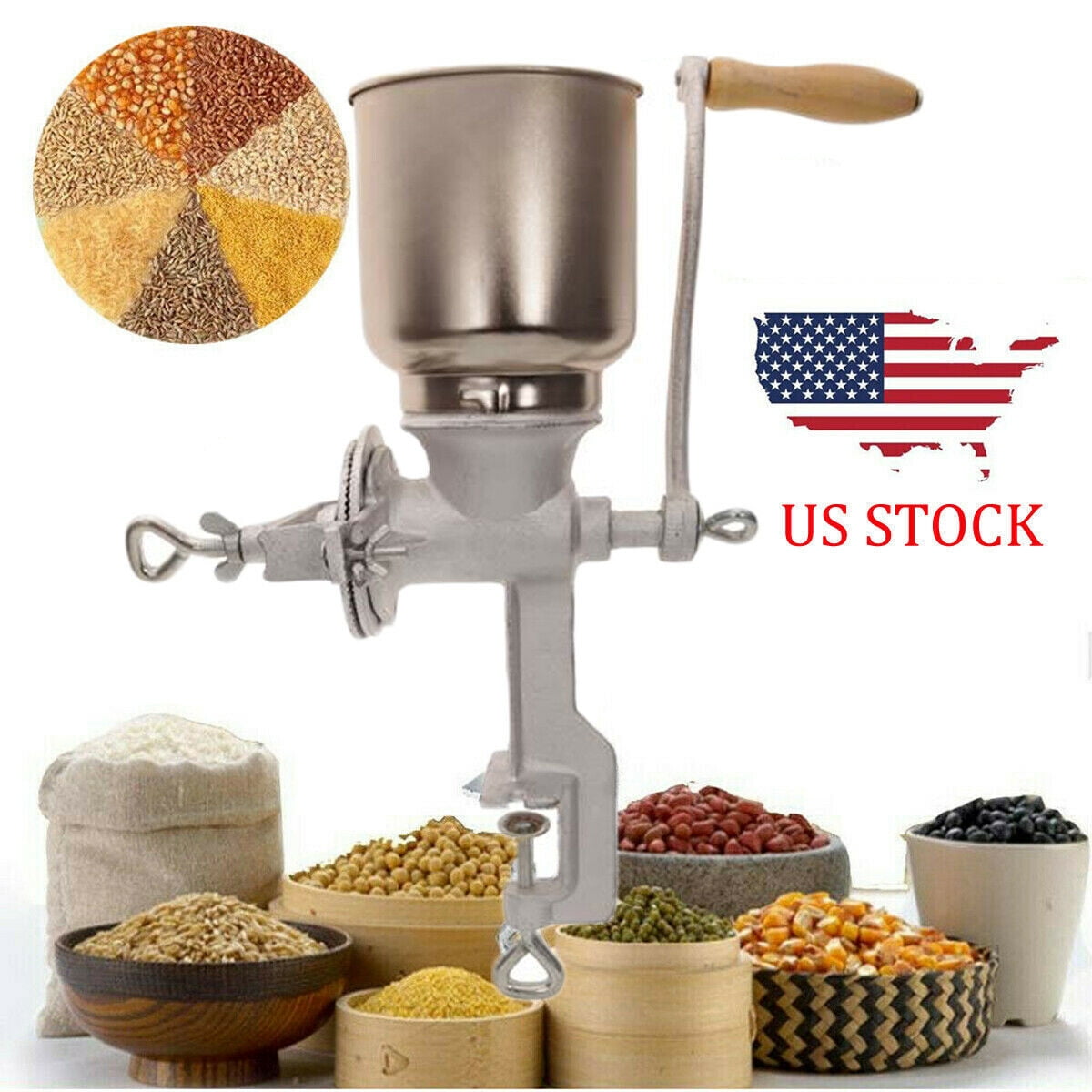 Grain Mill Manual Stainless Steel Hopper Grinder for Nut Coffee Seeds Corn  Spice
