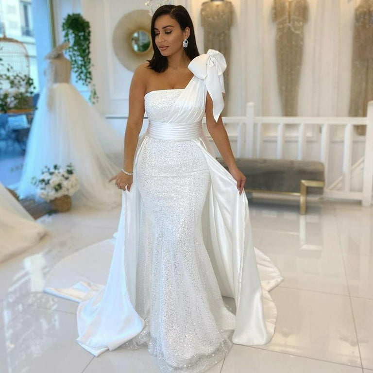 2021 New Arrivals Sale Bridesmaid Dresses One Shoulder White Mermaid  Wedding Dresses With Bow Satin And Sequined Overskirt Wedding Dresses  Ribbons Bridal vestidos de novia Express Shipping Included 