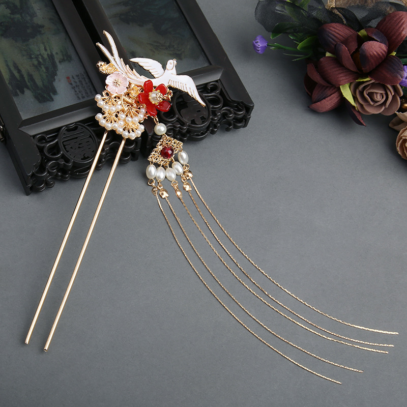 2021 New Hanfu Hairpin Daily Wear Pearl Decor Step Shake Flower Shape Long Tassel Hair