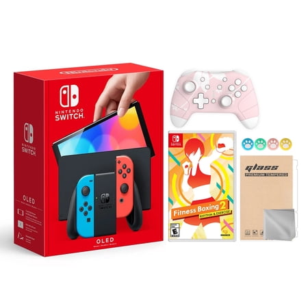 2021 New Nintendo Switch OLED Model Neon Red & Blue Joy Con 64GB Console HD Screen & LAN-Port Dock with Fitness Boxing 2: Rhythm & Exercise And Mytrix Wireless Pro Controller and Accessories