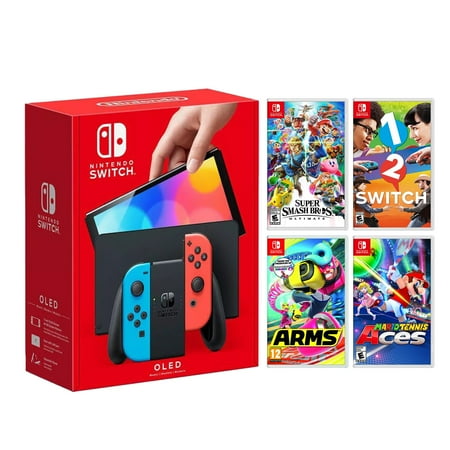 2021 New Nintendo Switch OLED Model Neon Red & Blue Joy Con 64GB Console HD Screen & LAN-Port Dock with Multiplayer 4 Game Versus Set and Mytrix Accessories - Local Versus Games Best for Two Players