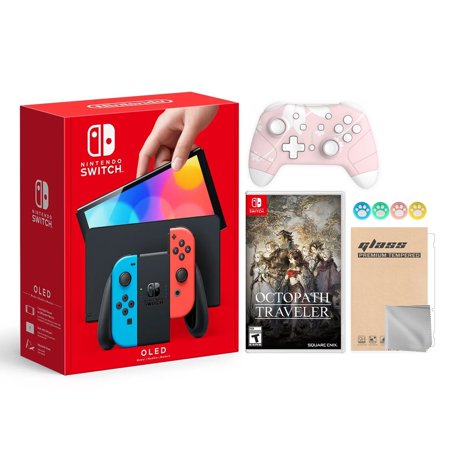 Nintendo Switch OLED Model Neon Red & Blue Joy Con 64GB Console HD Screen & LAN-Port Dock with Octopath Traveler And Mytrix Wireless Switch Pro Controller and Accessories