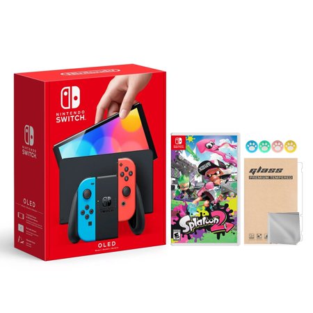 2021 New Nintendo Switch OLED Model Neon Red & Blue Joy Con 64GB Console HD Screen & LAN-Port Dock with Splatoon 2 And Mytrix Joystick Caps & Screen Protector
