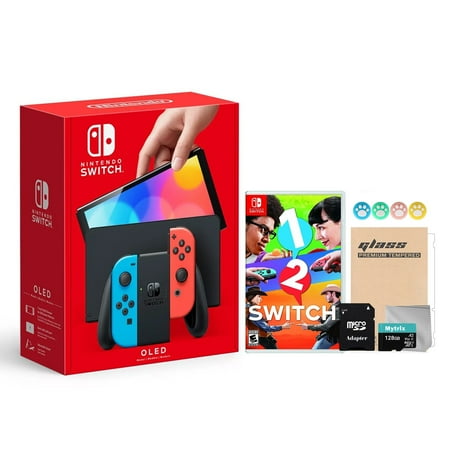 2021 New Nintendo Switch OLED Model Neon Red & Blue Joy Con 64GB Console HD Screen & LAN-Port Dock with 1-2 Switch And Mytrix Accessories