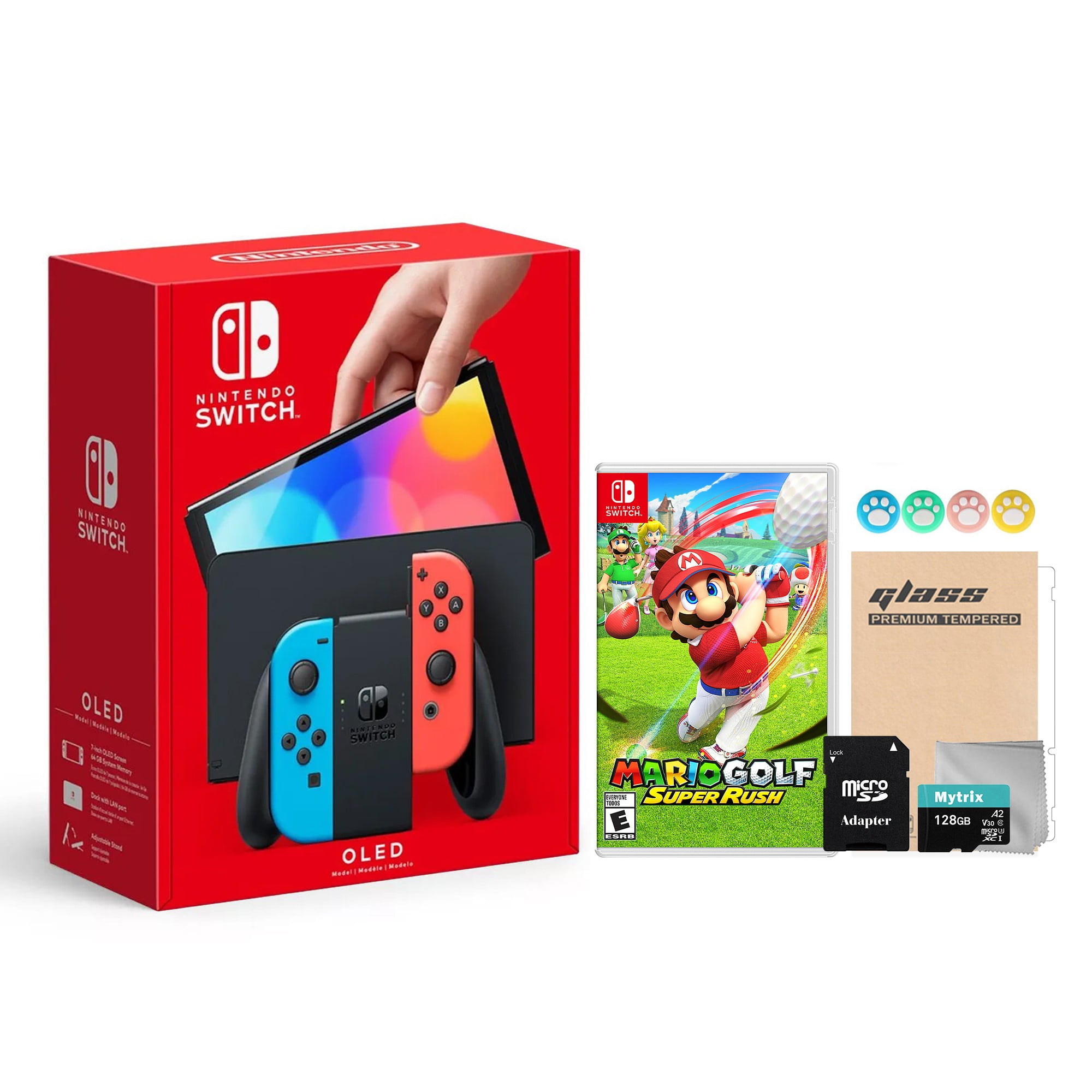 Nintendo Switch OLED Model Neon Red and Blue Joy Con 64GB Console HD Screen  and LAN-Port Dock with Animal Crossing: New Horizons and Mytrix 