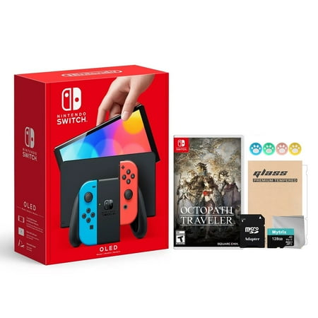 2021 New Nintendo Switch OLED Model Neon Red & Blue Joy Con 64GB Console HD Screen & LAN-Port Dock with Octopath Traveler And Mytrix Accessories