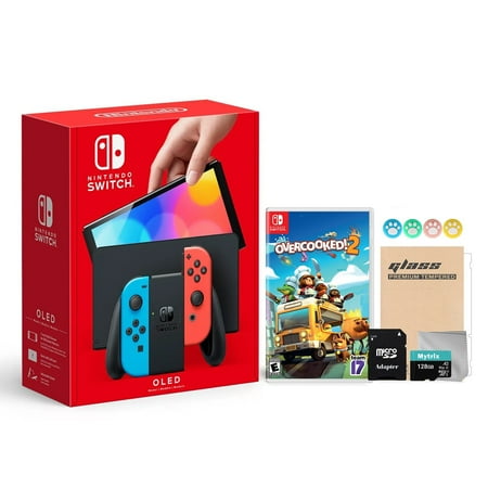 2021 New Nintendo Switch OLED Model Neon Red & Blue Joy Con 64GB Console HD Screen & LAN-Port Dock with Overcooked! 2 And Mytrix Accessories