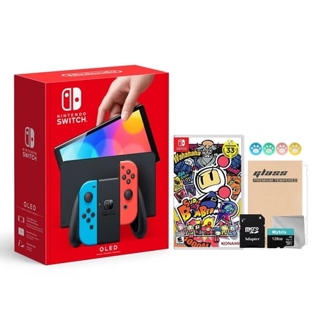 2021 New Nintendo Switch OLED Model Neon Red & Blue Joy Con 64GB Console HD Screen & LAN-Port Dock with Super Bomberman R And Mytrix Accessories