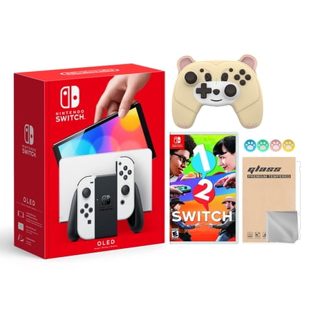 2021 New Nintendo Switch OLED Model White Joy Con 64GB Console Improved HD Screen & LAN-Port Dock with 1-2 Switch And Mytrix Wireless Switch Pro Controller and Accessories