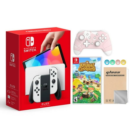 2021 New Nintendo Switch OLED Model White Joy Con 64GB Console Improved HD Screen & LAN-Port Dock with Animal Crossing: New Horizons And Mytrix Wireless Switch Pro Controller and Accessories