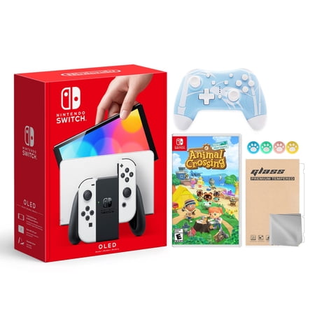 2021 New Nintendo Switch OLED Model White Joy Con 64GB Console Improved HD Screen & LAN-Port Dock with Animal Crossing: New Horizons And Mytrix Wireless Switch Pro Controller and Accessories