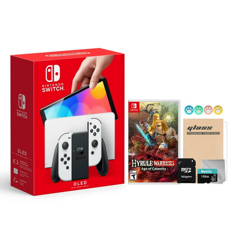 2021 New Nintendo Switch OLED Model White Joy Con 64GB Console Improved HD Screen LAN Port Dock with Hyrule Warriors Age of Calamity And Mytrix