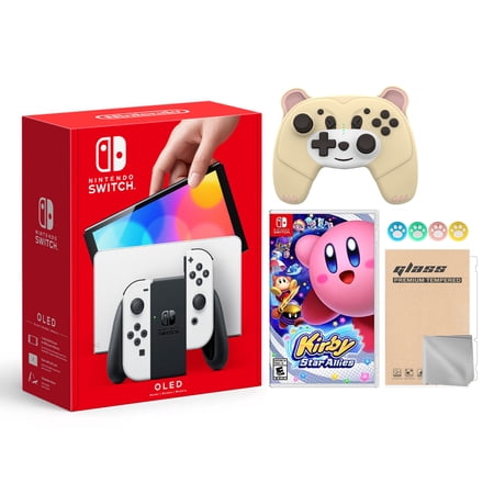 2021 New Nintendo Switch OLED Model White Joy Con 64GB Console Improved HD Screen & LAN-Port Dock with Kirby Star Allies And Mytrix Wireless Switch Pro Controller and Accessories