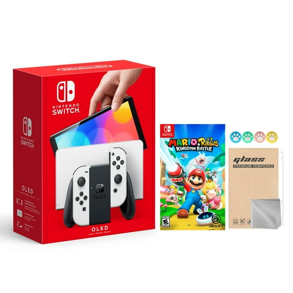 2021 New Nintendo Switch OLED Model White Joy Con 64GB Console Improved HD Screen & LAN-Port Dock with Mario Rabbids Kingdom Battle And Mytrix Wireless Controller and Accessories