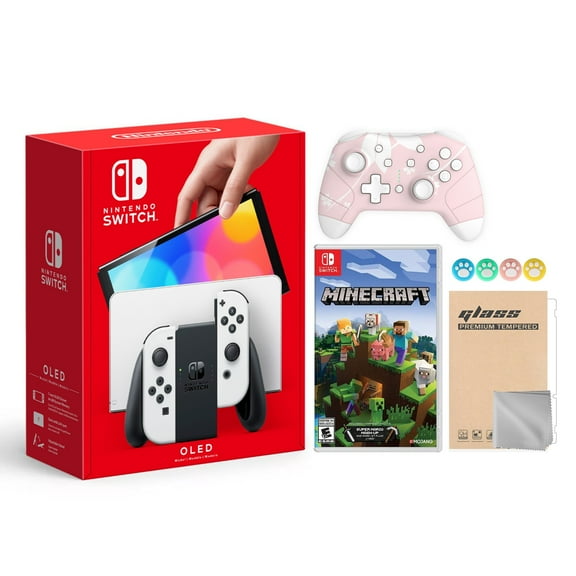 2021 New Nintendo Switch OLED Model White Joy Con 64GB Console Improved HD Screen & LAN-Port Dock with Minecraft And Mytrix Wireless Switch Pro Controller and Accessories