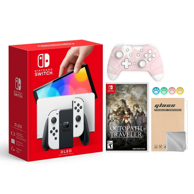 2021 New Nintendo Switch OLED Model White Joy Con 64GB Console Improved HD Screen LAN Port Dock with Octopath Traveler And Mytrix Wireless Switch