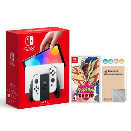 Nintendo Switch OLED Model White Joy Con 64GB Console Improved HD Screen & LAN-Port Dock with Pokemon Shield And Mytrix Joystick Caps & Screen Protector