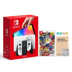 2021 New Nintendo Switch OLED Model White Joy Con 64GB Console Improved HD Screen & LAN-Port Dock with Super Bomberman R And Mytrix Wireless Switch Pro Controller and Accessories