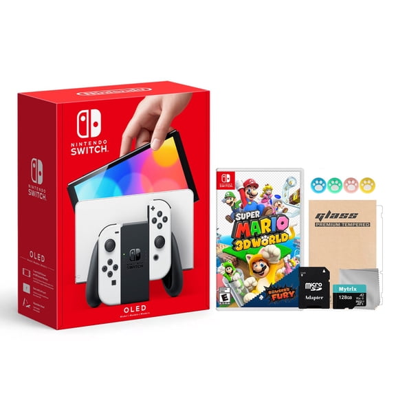Nintendo Switch OLED Model White Joy Con 64GB Console Improved HD Screen & LAN-Port Dock with Super Mario 3D World + Bowser's Fury And Mytrix Accessories