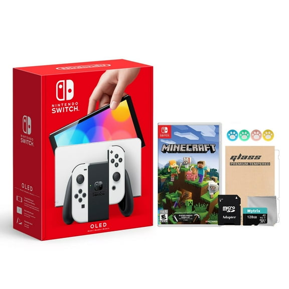 2021 New Nintendo Switch OLED Model White Joy Con 64GB Console Improved HD Screen & LAN-Port Dock with Minecraft And Mytrix Accessories