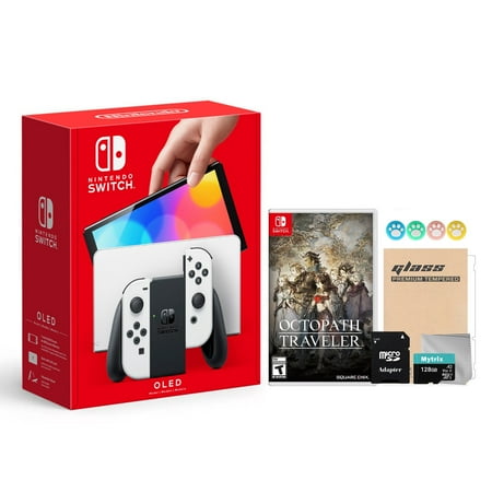 2021 New Nintendo Switch OLED Model White Joy Con 64GB Console Improved HD Screen & LAN-Port Dock with Octopath Traveler And Mytrix Accessories