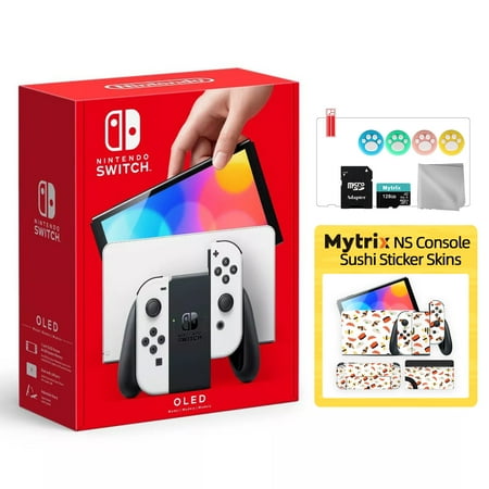 2021 New Nintendo Switch OLED Model White with Mytrix Full Body Skin Sticker for NS OLED Console, Dock and Joycons - Sushi Set