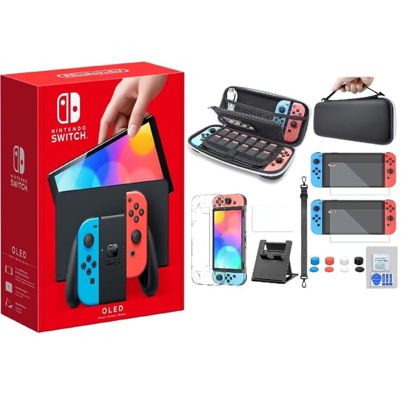 2021 New Nintendo Switch OLED Model w/ Neon Red & Neon Blue Joy-Con 64GB Console Improved HD Screen & LAN-Port Dock with 15-1 TKX Accessories KIT