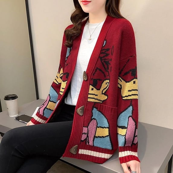 2021 New Retro Jacquard Cardigan Sweater Jacket Female Spring Loose Jacket Lazy Style Thick Knitted Cardigan Button Winter Women